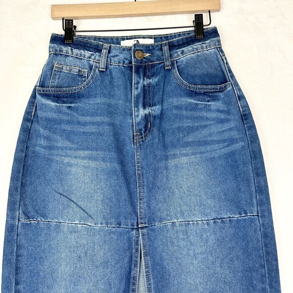 Flying Angel Slit Denim Maxi Skirt Size 27 Y2K Western Boho Stretch Medium Wash - Picture 3 of 6